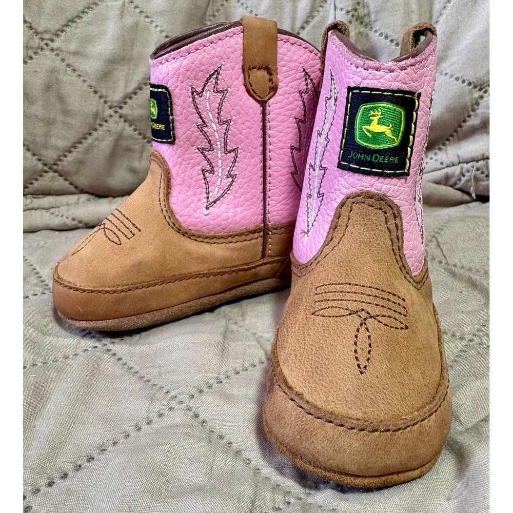 John Deere Baby Girls Pink Brown Leather Western Crib Boots JD0185 Size 2